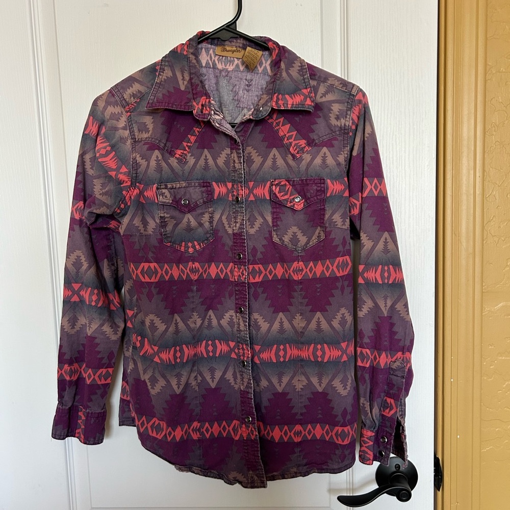 Wrangler Pearl Snap Shirt Woman Med Aztec Southwestern